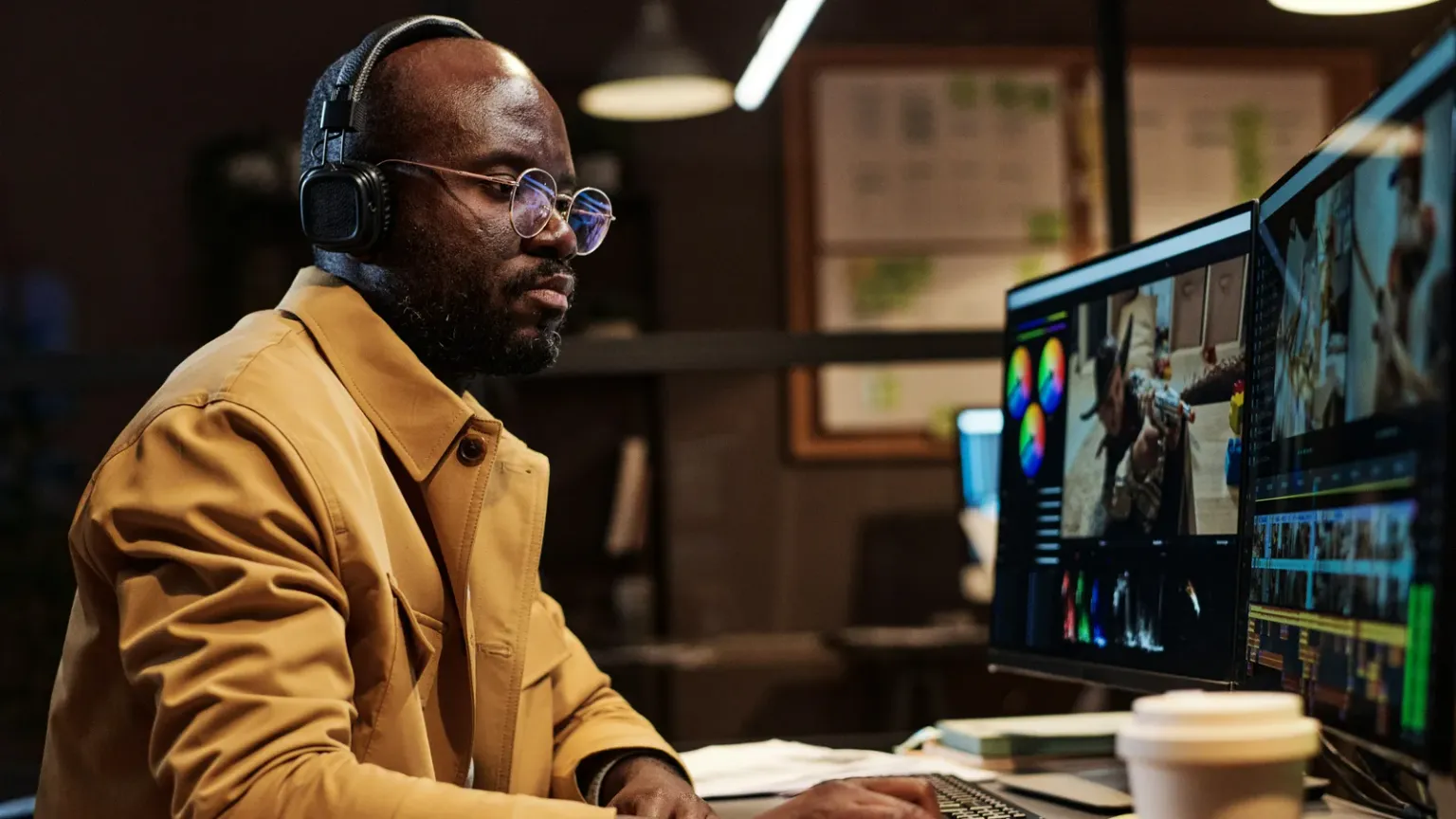 Man wearing headphones reviewing footage on two video-editing monitors.